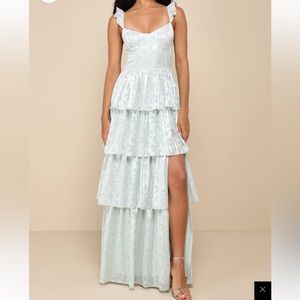 Lulus Stunning Glory Sage Floral Jacquard Tiered Maxi Dress - Sage Green Floral
